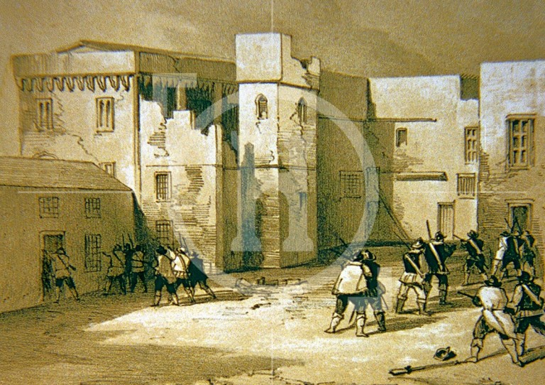 The courtyard of the Tower of Liverpool after the siege of the town in 1644